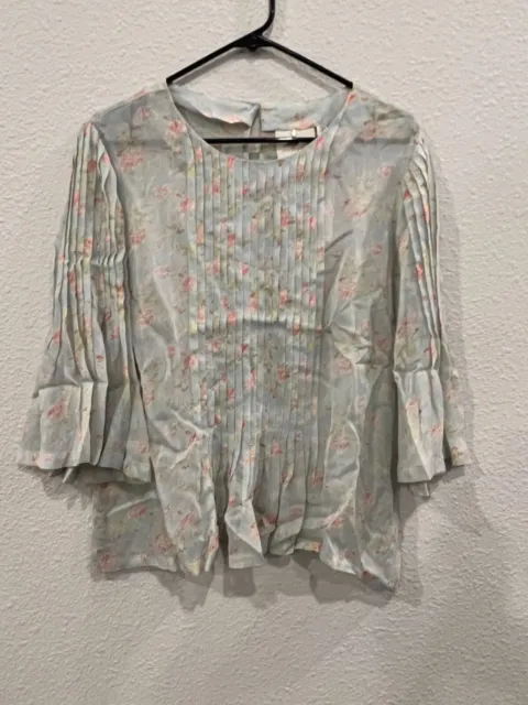 NWT Anthropologie One Fine Day Blue Floral Semi-sheer pintuck Large blouse a106