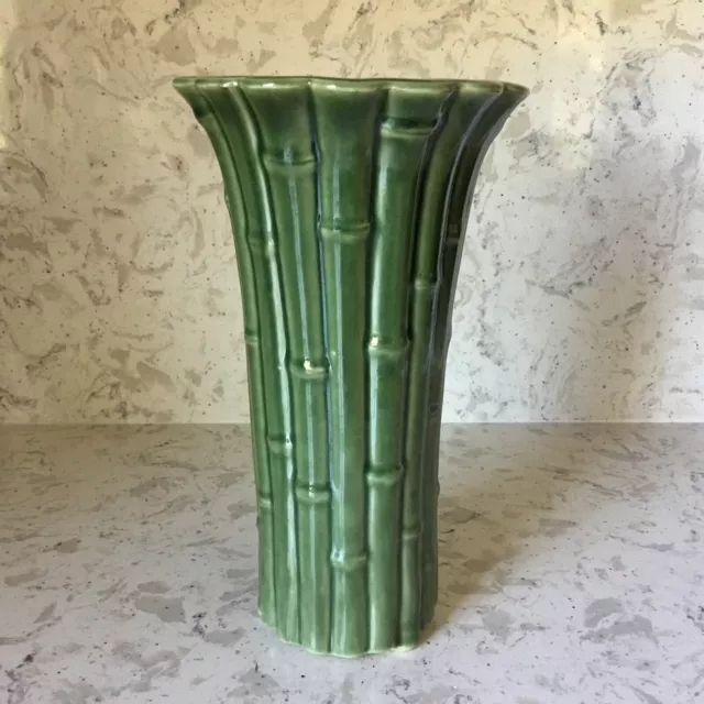 Ceramic Bamboo Vase Majolica Green Marked B-178 Pottery 10.25” Tall