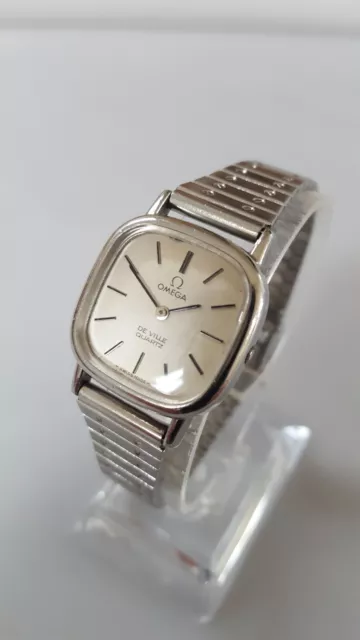 Swiss Omega De Ville Stainless Steel Quartz Ladies Watch With Push Button Crown.