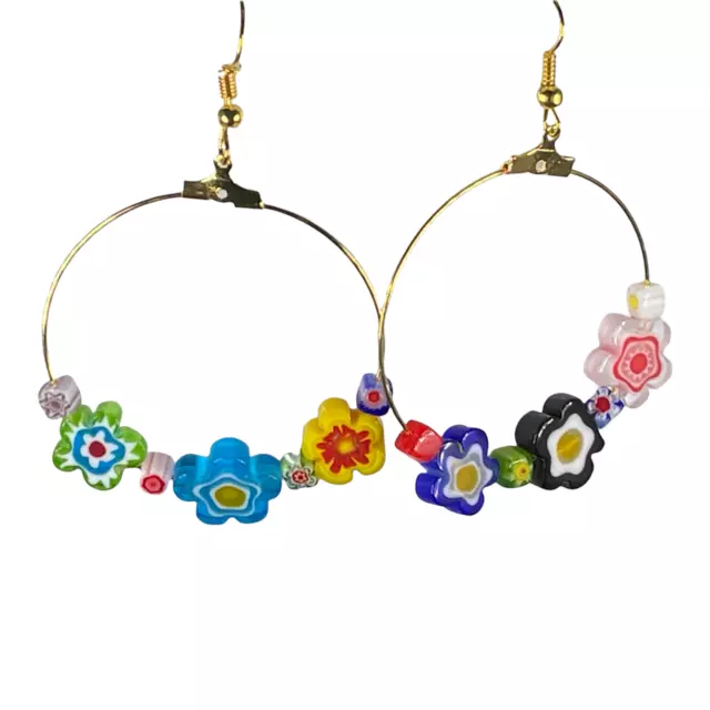 LAMPWORK FLOWER HOOPS creole style funky rainbow murano glass kawaii cute gift f