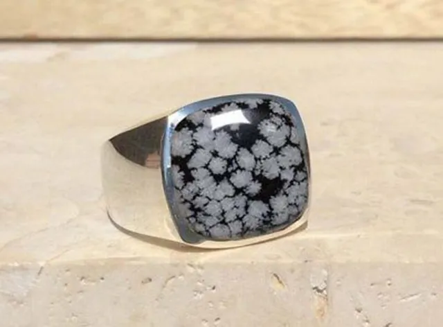Solid 925 Sterling Silver Snowflake Obsidian Cushion Gemstone Signet Men's Ring