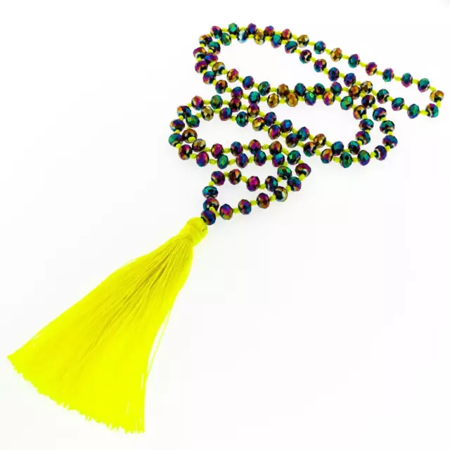 Long Beaded Yellow Peacock Premium Glass Beads With Tassel Pendant Necklace, 32"