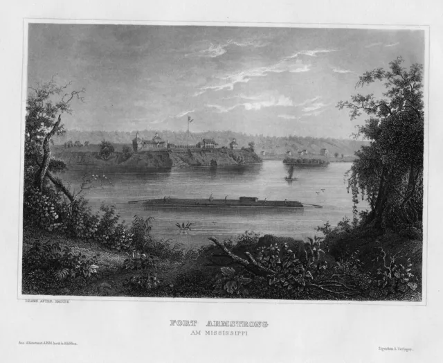 1840 - Fort Armstrong Insel Illinois Mississippi Amercia engraving Stahlstich