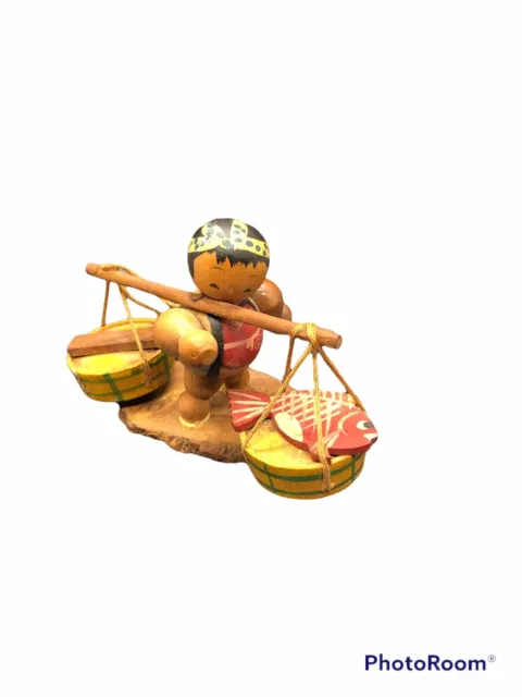 Hand Painted Wooden Austrian European Sumo Carrying Baskets Fish Figure On Wood