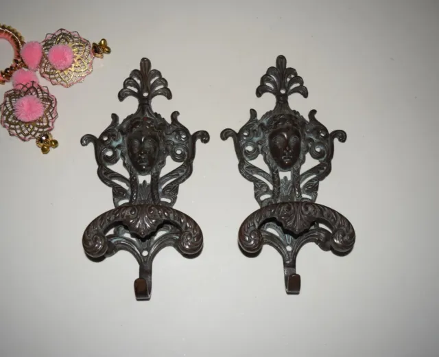 Set of 2 Brass Angel Hook Braided Girl Face Wall Hanger With Floral Design HK468 2