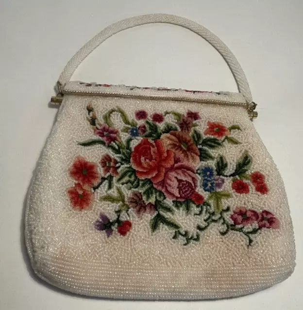 Vintage Ed B Robinson Beaded White Embroidered Floral Purse Hand Made Hong Kong