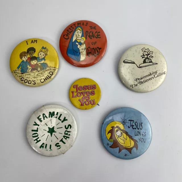 Vintage Pinback Button Lot of 6 Pins - Christian Religious Love Peace 1970-80s