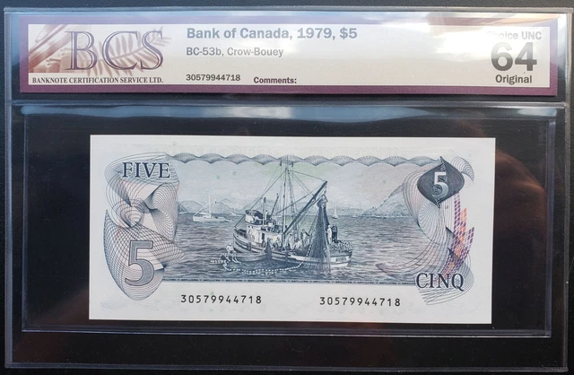 1979 Bank of Canada $5 Crow & Bouey Signature BCS CH.UNC64 Original BC-53b (1)