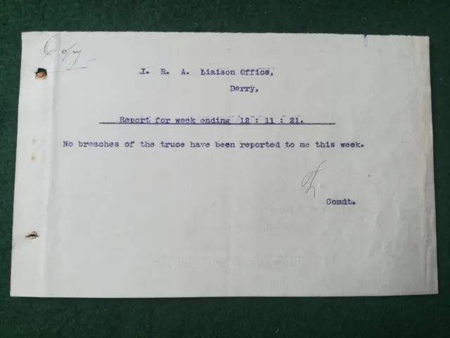 1921 I.R.A Liason Office Derry No Breaches Of The Truce Document.