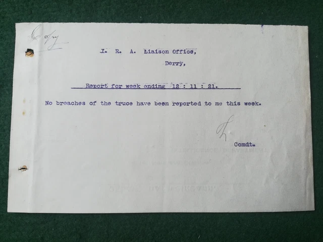 1921 I.R.A Liason Office Derry No Breaches Of The Truce Document.