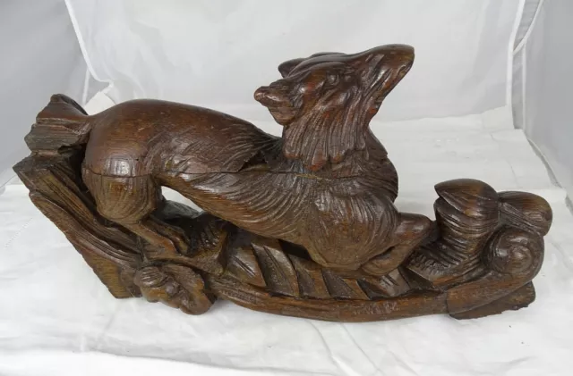 French Antique Large Carved Oak Wood Hunt Theme Sculpture Wild Fox Black Forest