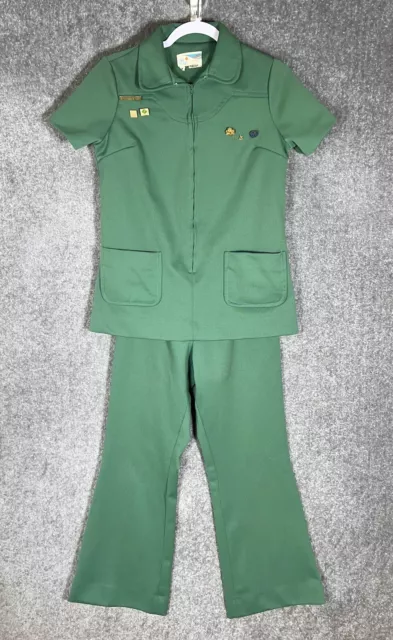 Vintage 1970s Girl Scout Leader Uniform Shirt & Pants With Pins Size 12 Green