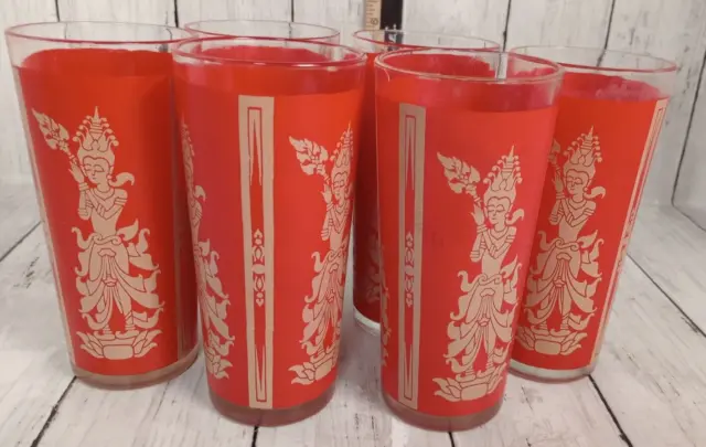 Goddess High Ball Glass Mid Century Modern Retro Bar Set of 6 Asian MCM Red