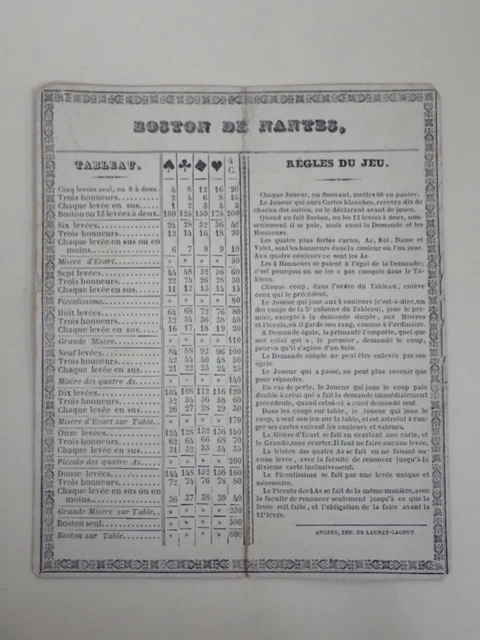 Ancienne Règle Jeu de cartes Payements au Boston