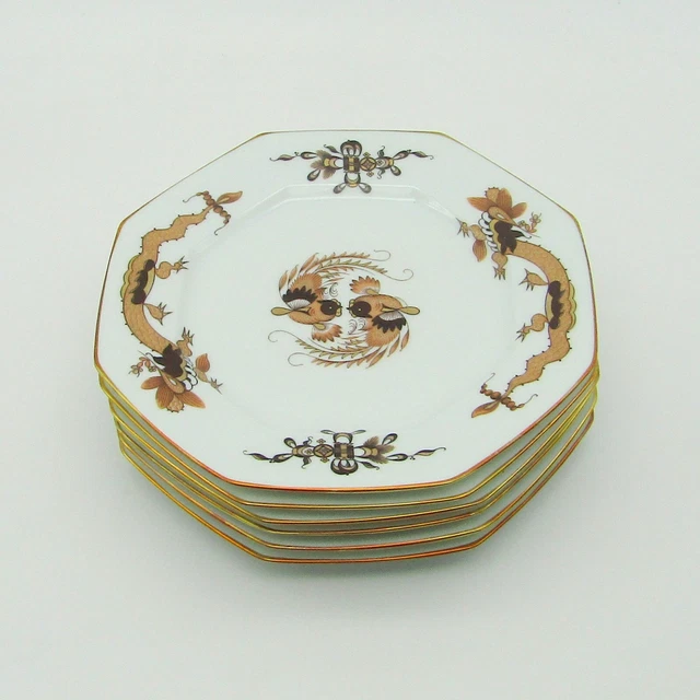Limoges. Raynaud. 6 assiettes à dessert porcelaine modèle dragon rouge et phœnix