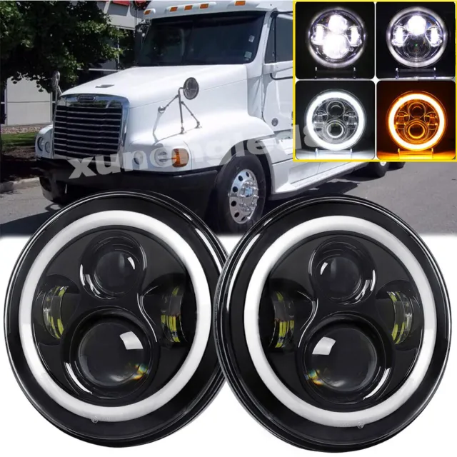 Fit Freightliner Century Class Pair 7" inch Round LED Headlight Hi/Lo Beam Light