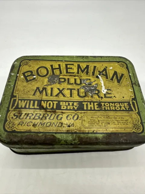 Vintage Advertising Bohemian Plug Mixture Surbrug Tobacco Tin Empty Collectible