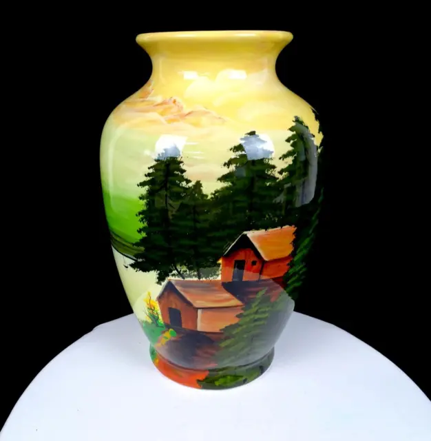 Vintage Chinese Porcelain Scenic Woodland View Large Yellow 12 3/8" Vase