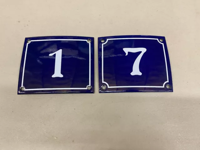 Vintage Style Blue Enamel Porcelain French House Number Door  Sign 7 And 1