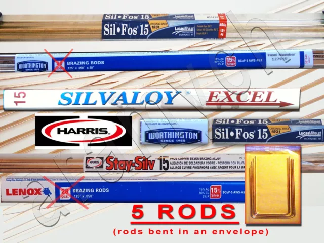 15% Silver Brazing Rods 5 RODS Sil-Fos, Worthington, Harris Stay-Silv, Lenox ...