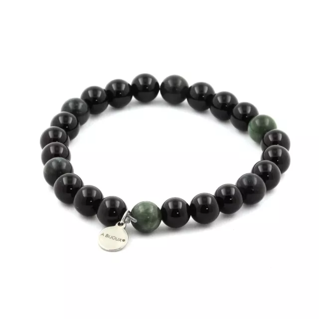 Bracelet Perles Agate noire + Seraphinite de Russie 8 mm. Fabriqué en France.
