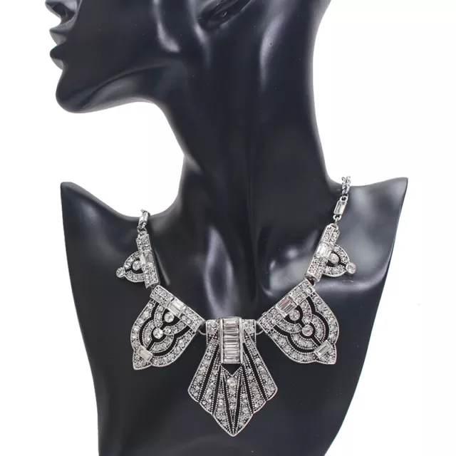 Rare Vintage Art Deco Style Necklace silver crystals statement jewelry geometric 3