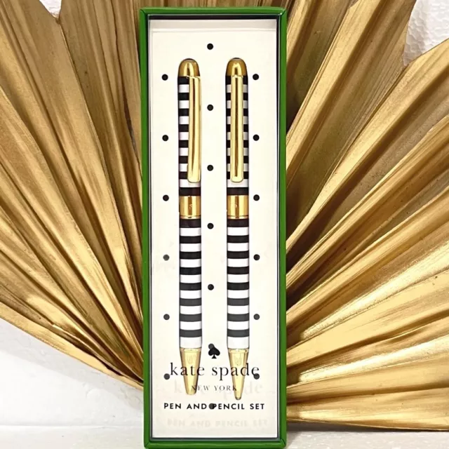 NIB Kate Spade Black Stripe Ballpoint Pen & Mechanical Pencil Set