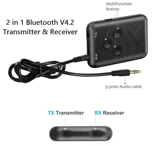 2in1 Wireless Bluetooth Transmitter Receiver Adapter Stereo Audio 3.5mm Aux Car