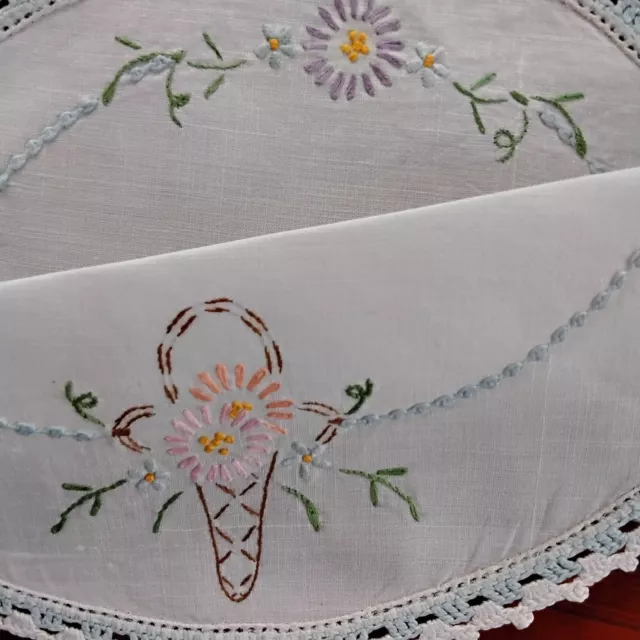 Vintage Embroidered White Linen Doily With Basket Of Flowers In Pastel Tones.