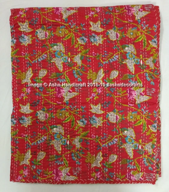Indien Coton Kantha Couette Paradis Imprimé Rouge Couvre-Lit Matelassé Bed-Cover