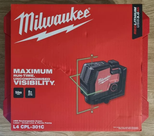 Milwaukee L4CPL-301C -Redlithium USB Rechargeable Cross+ 2 Plumb Green Laser Kit