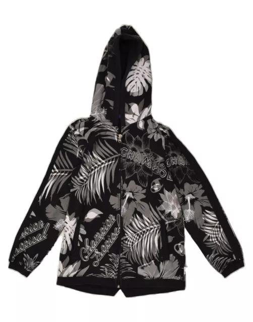 CHAMPION Girls Zip Hoodie Sweater 9-10 Years Medium Black Floral Cotton AM12