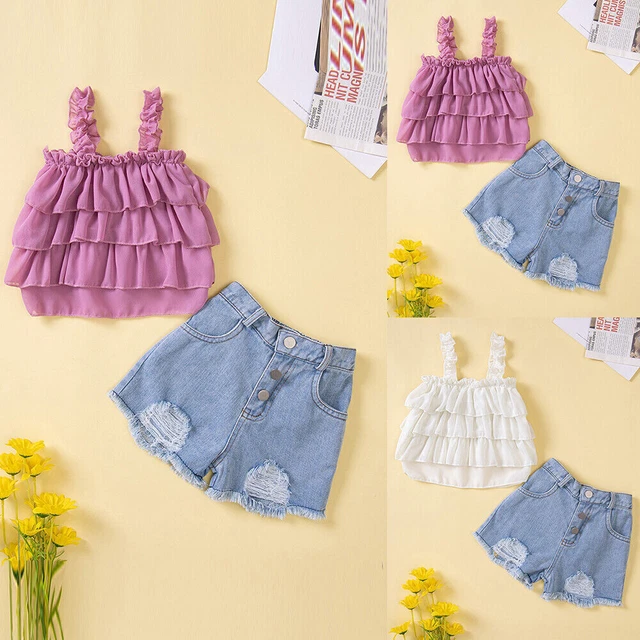Kids Baby Girls Outfit Ruffle Frill Tank Tops Denim Shorts Summer Clothes Set