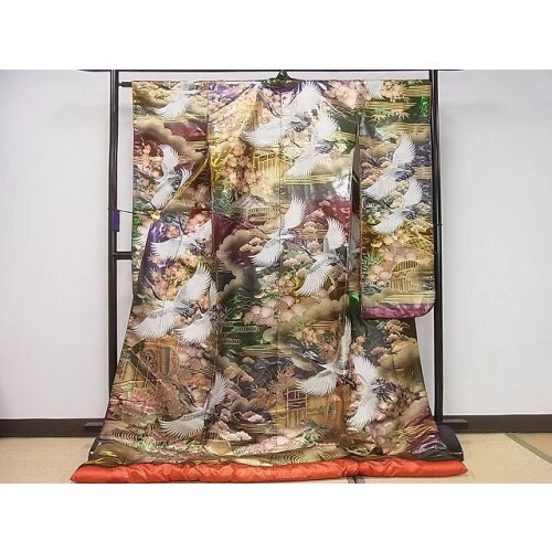 Japanese kimono  dancing cranes silver thread embroidery Uchikake wedding silk