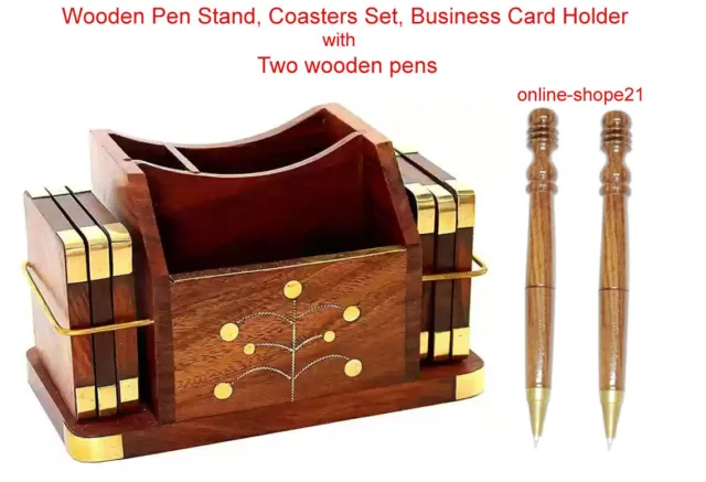 Wooden Pen Stand Coaster Set Business Card Holder Two Wooden Ball Pen For Office