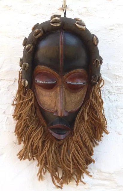 African Tribal Art, Hand Carved Wooden Dan Mask W/ Shells & Jute Beard