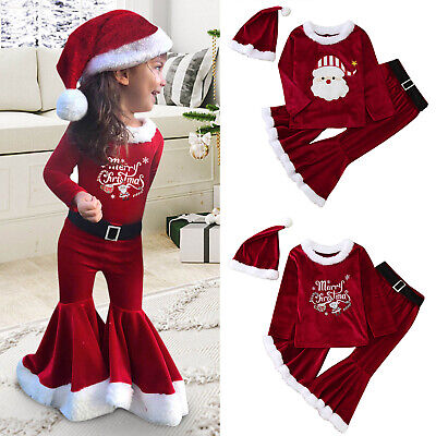 Toddler Baby Kids Girls Suit Christmas Pullover Tops Pants Hat 3PCs Set Outfits