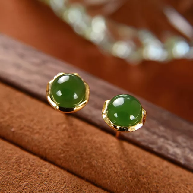 Retro Real 925 Sterling Silver Natural Green Jade Stud Earrings 8mm Width