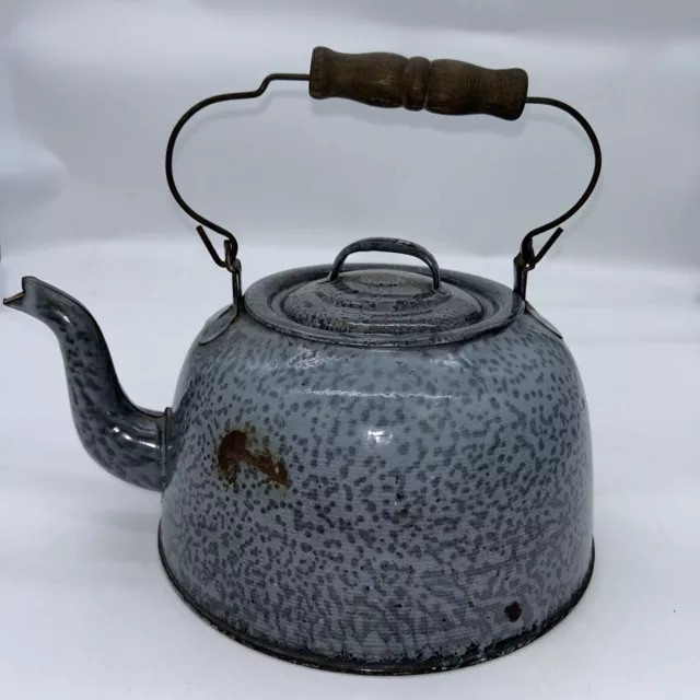 Vtg Gray Graniteware Tea Kettle Coffee Pot Handle Goose Neck Spout 12" x 7" READ