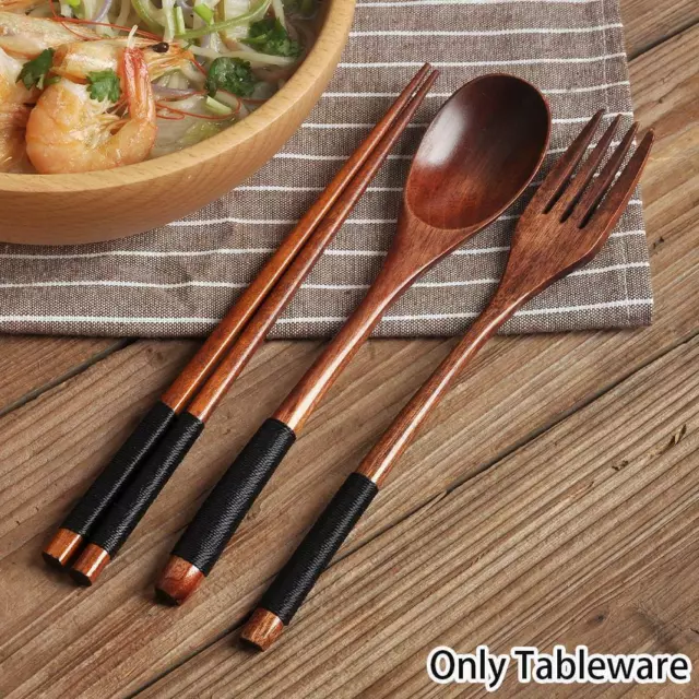 Japanese Vintage Wooden Chopsticks Spoon Fork Tableware 3pcs Kitch Gift Set J2Y9