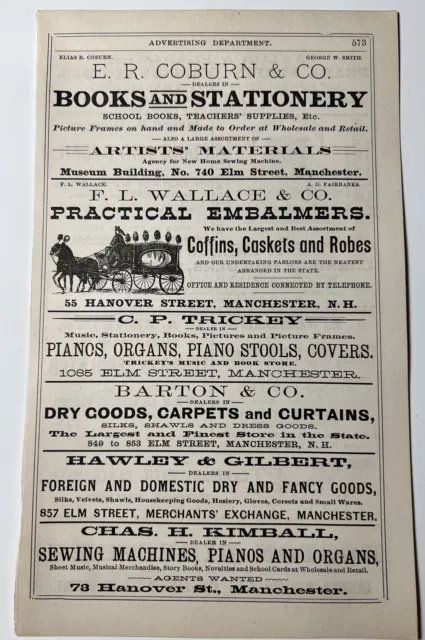 1887 antique PRACTICAL EMBALMERS Coffins CASKETS 2 Sided ad Manchester N.H.