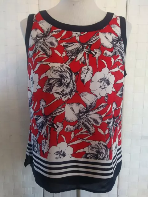 Liz Claiborne Women's Size Medium Red White Blue Shear Sleeveless Floral Blouse