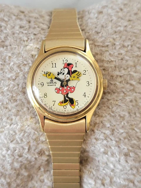 Vtg Disney Lorus Minnie Mouse Wrist Watch Gold Moving Hands Japan New Battery