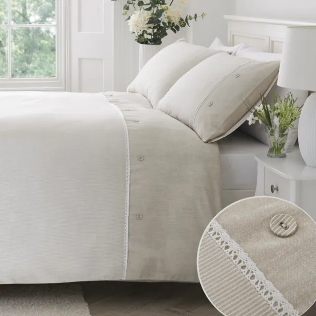 Duvet Cover Bedding Set Ashbury Lace Trimmed Classic Stripe by Serene Natural