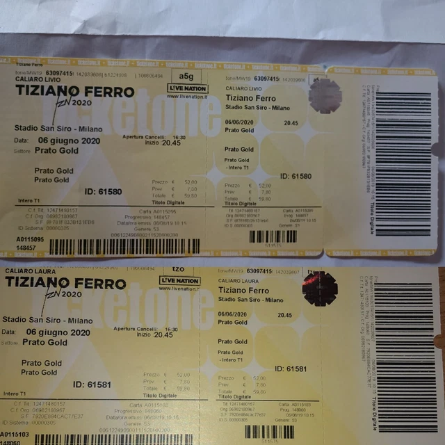 2 biglietti concerto Tiziano Ferro Prato Gold San Siro Milano 17 giugno 