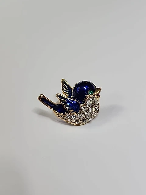 Blue Bird Brooch Lapel Pin Blue Enamel with Faceted Faux Gems
