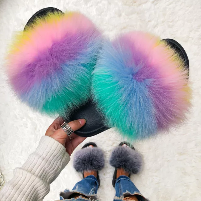 Women's Real Farm Fox Fur Slippers Flip Flops Furry Non-slip Summer Beach Shoes