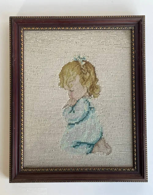 Vintage Needlepoint Kneeling Praying Girl Blue Pajamas Completed Framed Art