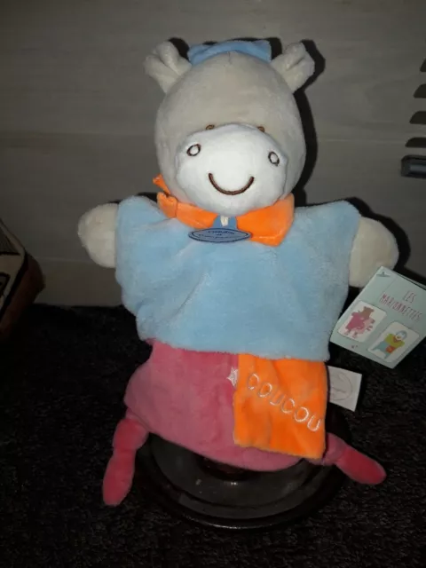 DOUDOU ET COMPAGNIE MARIONNETTE ANE CHEVAL BLEU ROSE fenetre "COUCOU" ttbe