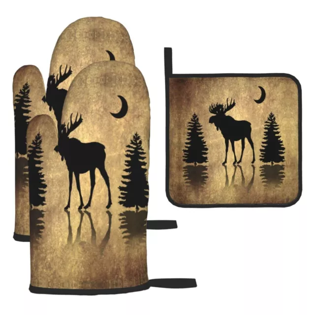 Rustic Elk Moose Deer Forest Pine Tree Moon Design Oven Mitts and Pot Holders...